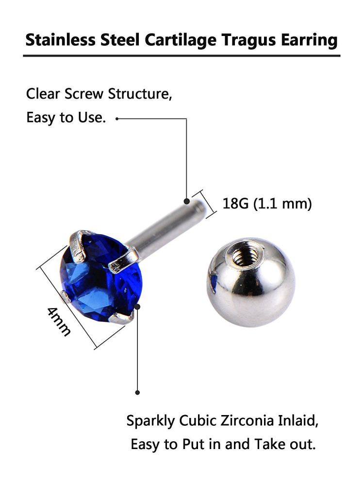 18G Stainless Steel Cubic Zirconia Tragus Earrings Stud 