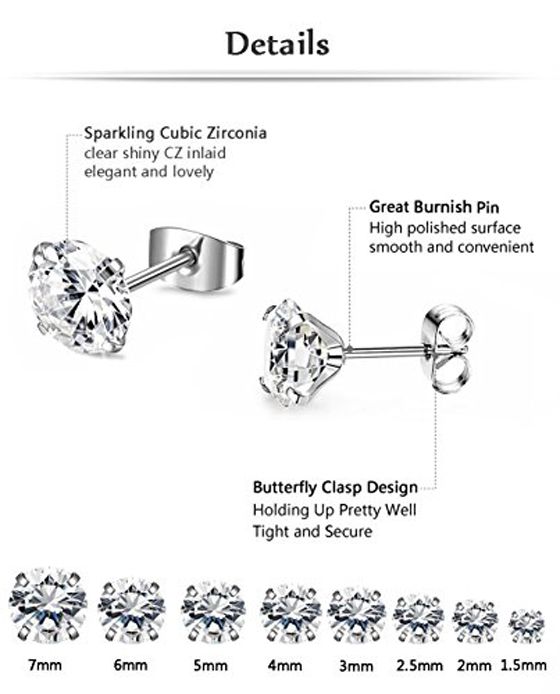 20G Stainless Steel CZ Stud Earrings Assorted Sizes 1.5-7mm 