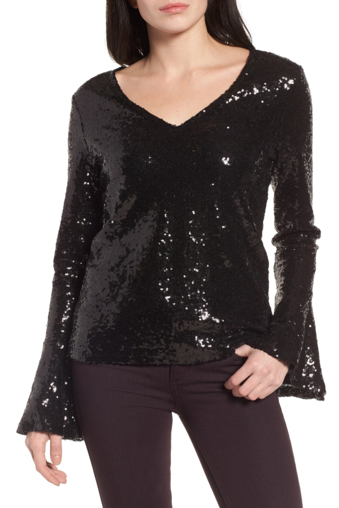 Black Long Flare Sleeve Sequin Top Size: M