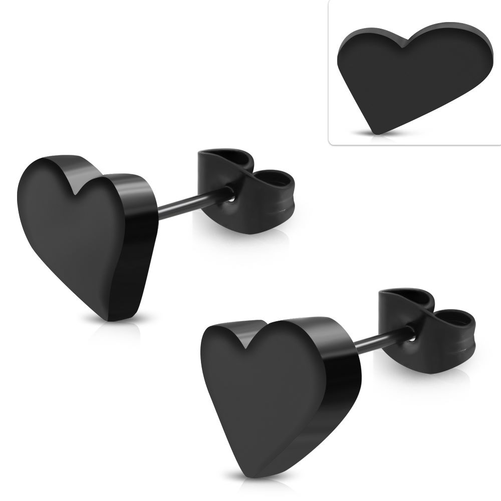 Stainless Steel Love Heart Black Stud (Pair)