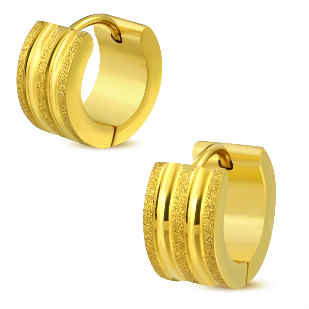 7mm Stainless Steel Gold Plated Sandblasted Ribbed Huggie (Pair)