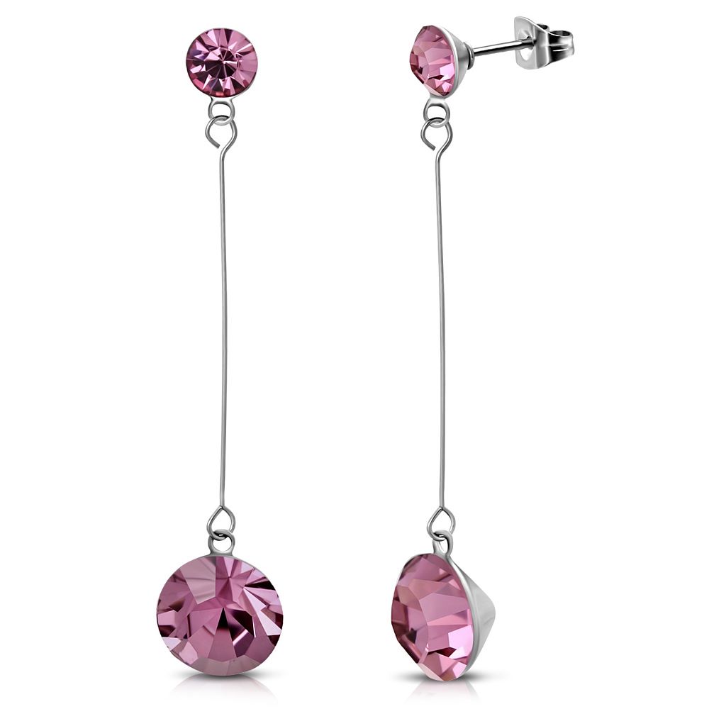 4mm & 7mm Round Circle Rose Pink CZ W/ Stainless Steel Long Drop Stud 