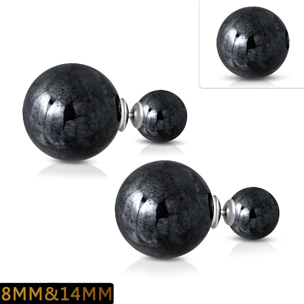 8mm/14mm Stainless Steel Black Pearl Stud Earrings (Pair)