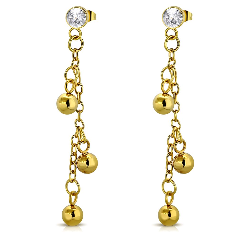 Gold Color Plated Stainless Steel Ball Long Drop Stud  W/ Clear CZ (Pair)