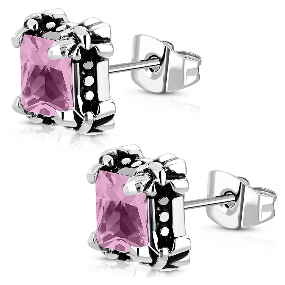 Stainless Steel Square Rose Pink CZ Stud (Pair)
