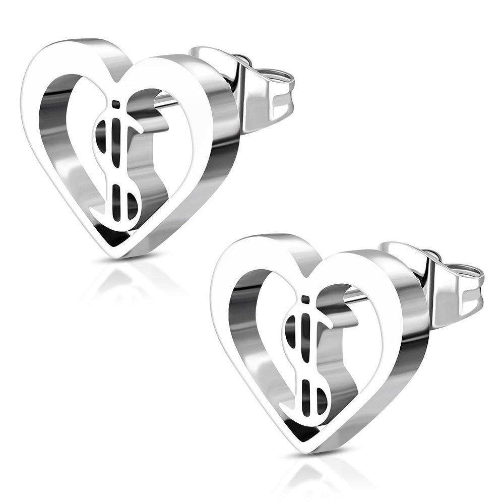 Stainless Steel Dollar Sign Heart Stud Earrings (pair) 