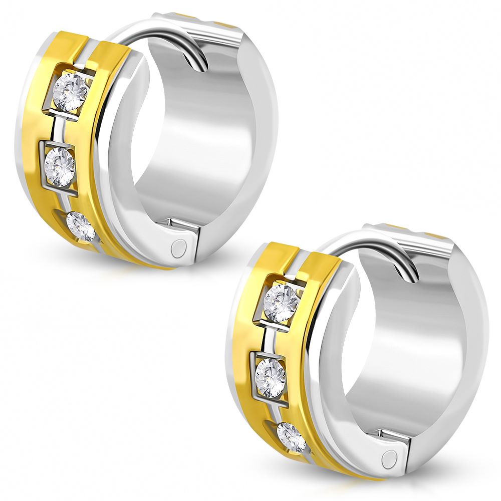 7mm Stainless Steel 2-tone Huggie w/ Clear CZ (Pair)