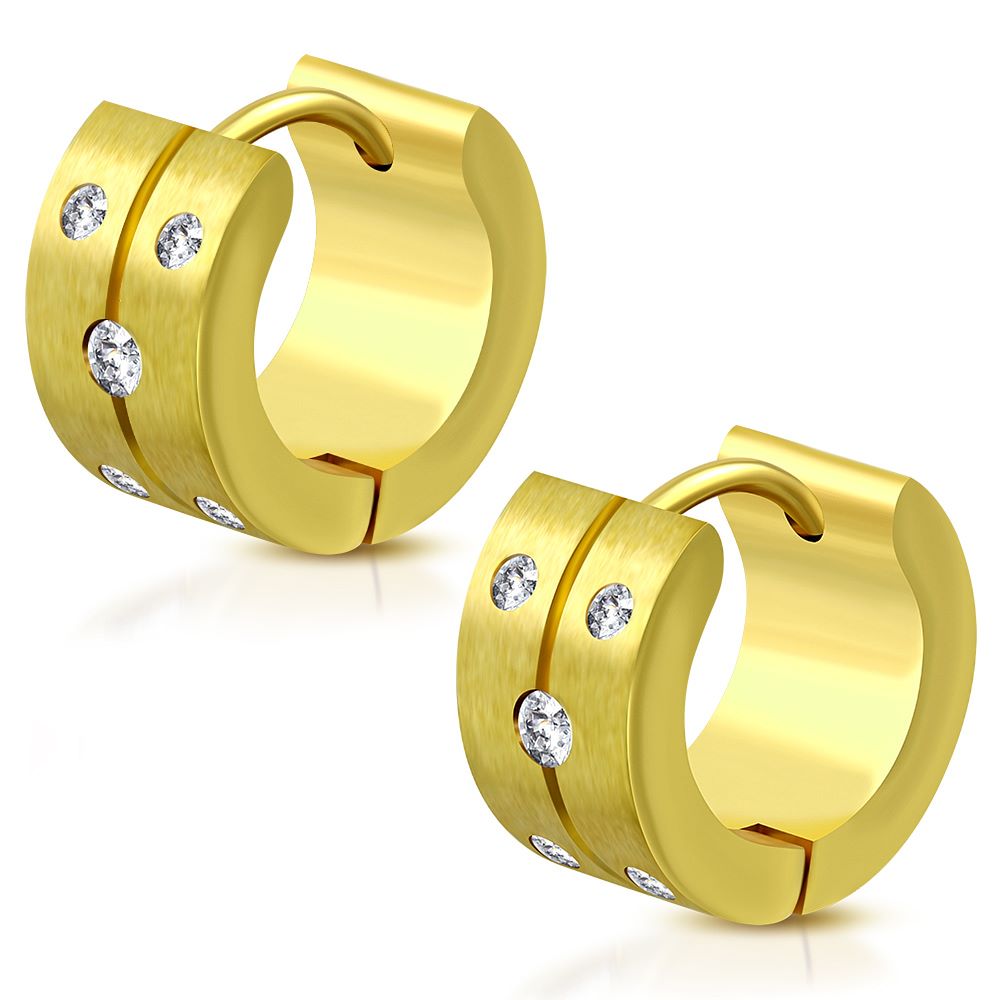 7mm | Stainless Steel Gold Color Plated Huggie Earrings w/ Clear CZ (Pair