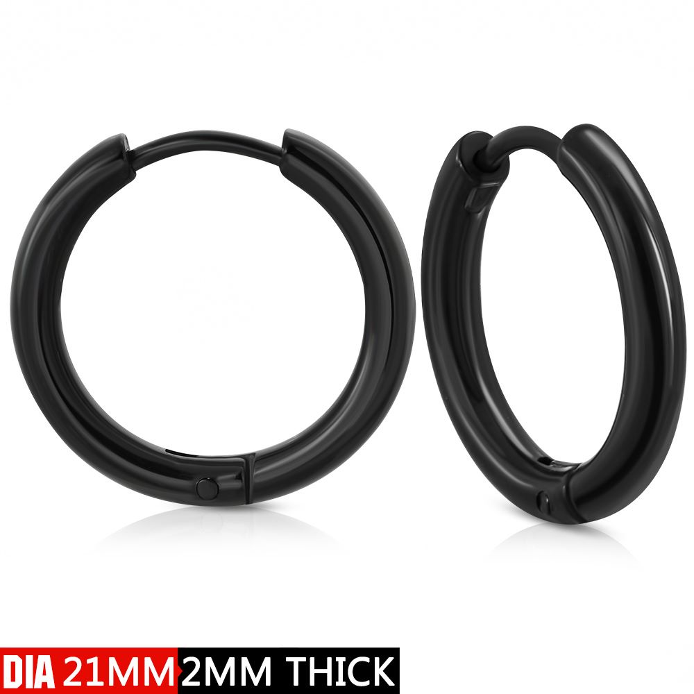 21MM | W-2mm Thick | Stainless Steel Black Hoop Huggie Earrings (pair) 