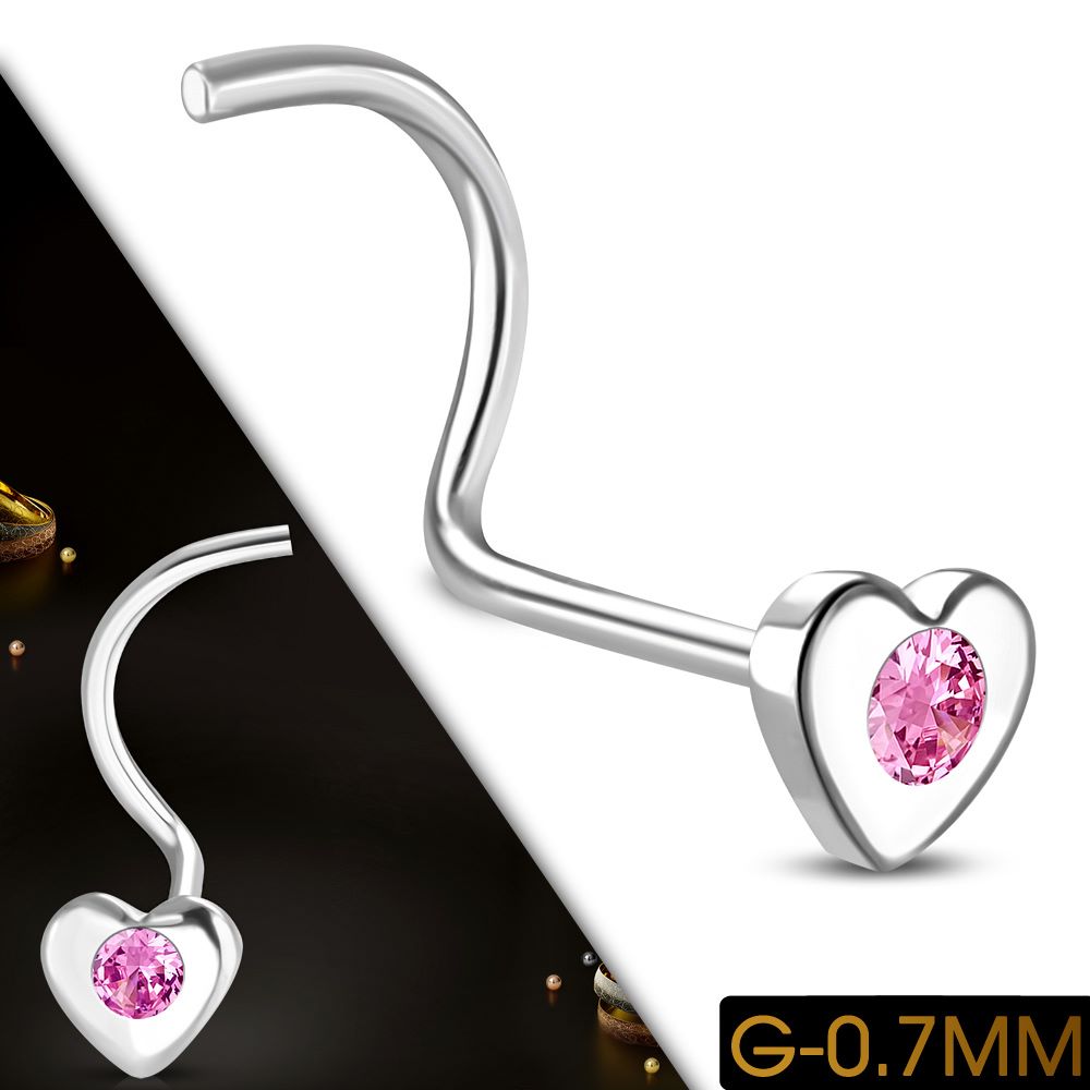 0.7mm | Stainless Steel Heart Nose Ring w/ Rose Pink CZ 