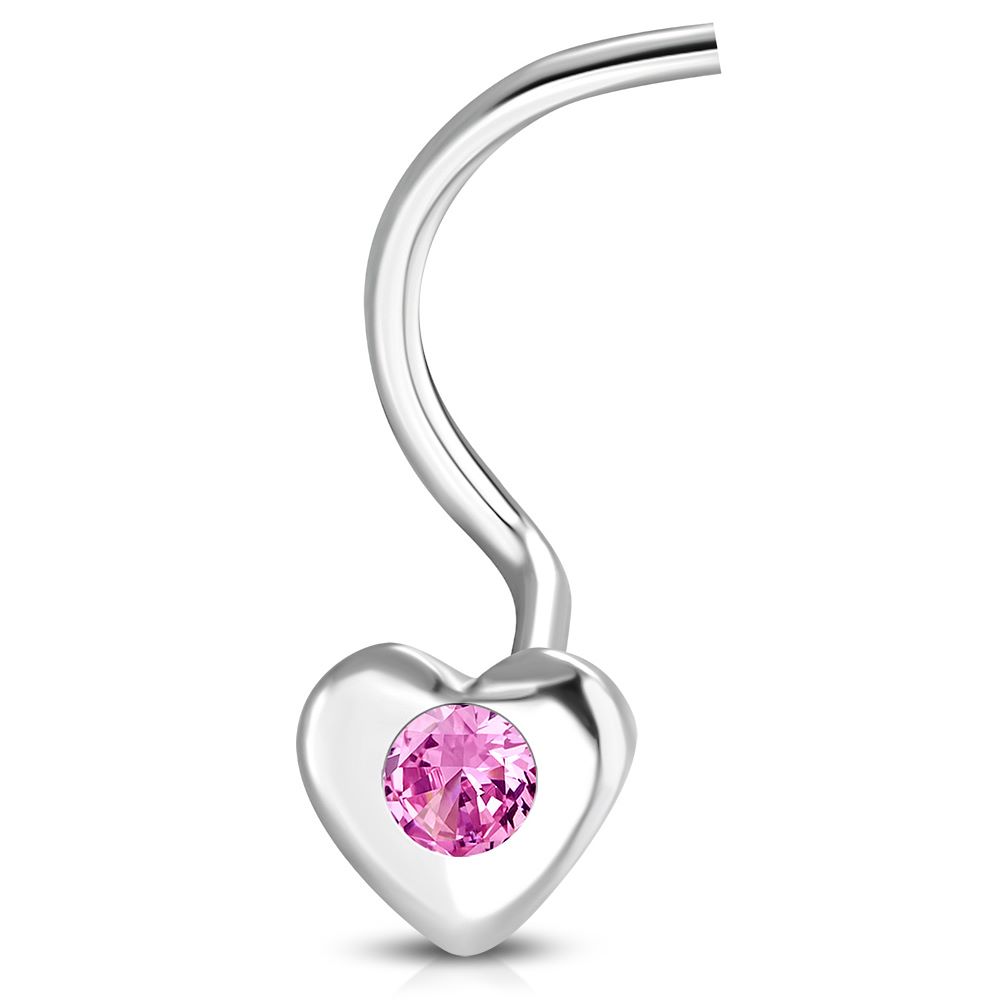0.7mm | Stainless Steel Heart Nose Ring w/ Rose Pink CZ 