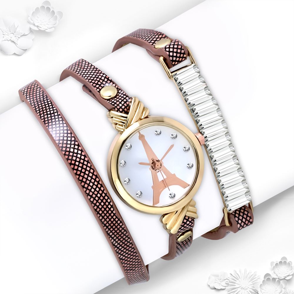 Wrap Around Long Brown PVC Leather Strap Bracelet Wrist Watch w/ Clear CZ 