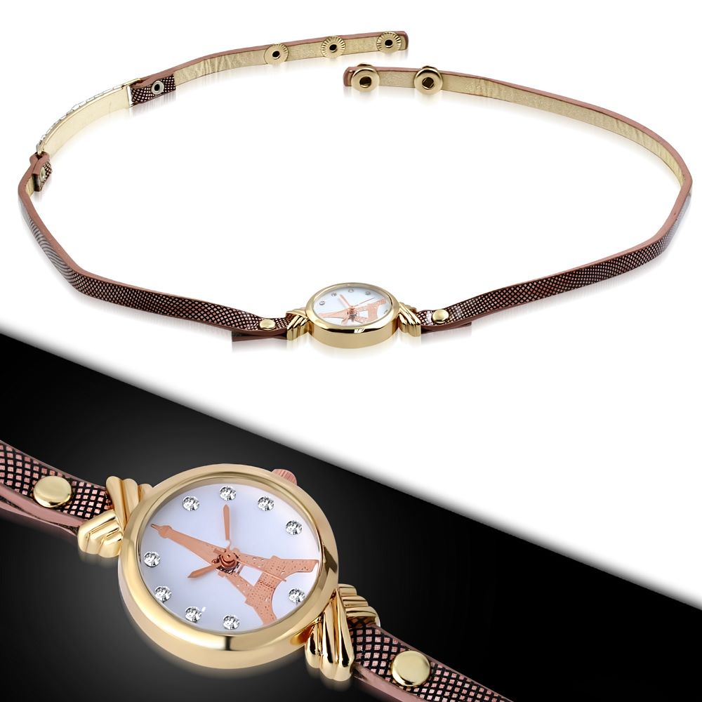 Wrap Around Long Brown PVC Leather Strap Bracelet Wrist Watch w/ Clear CZ 