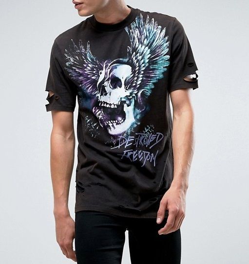 Heavy Distress Skull Print Longline T-Shirt|Size: M