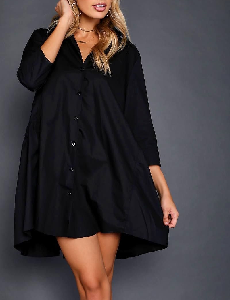 A154 - Black 3/4 Length Sleeves Ruffled Dress|Size: S