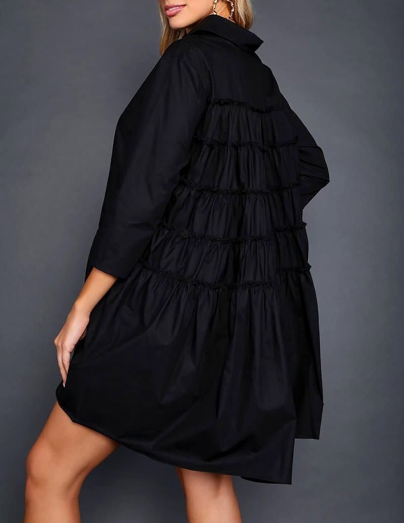 A154 - Black 3/4 Length Sleeves Ruffled Dress|Size: S