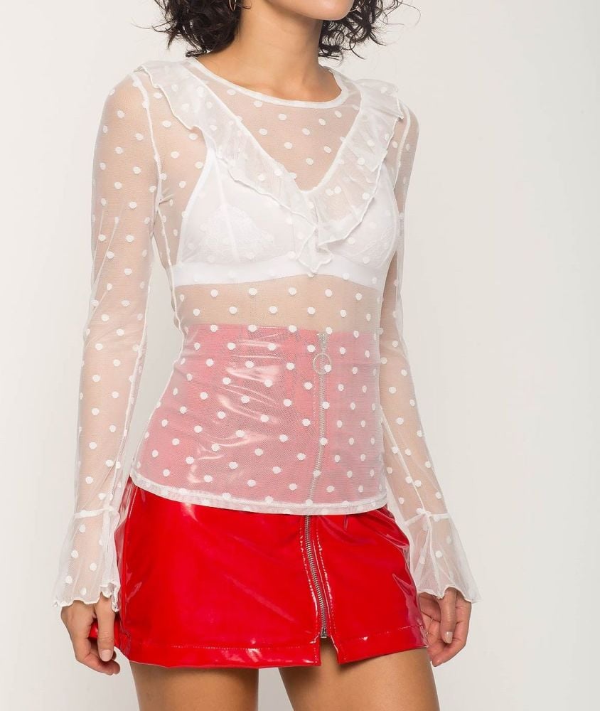 White LS Polka Dot Mesh Top Size: S