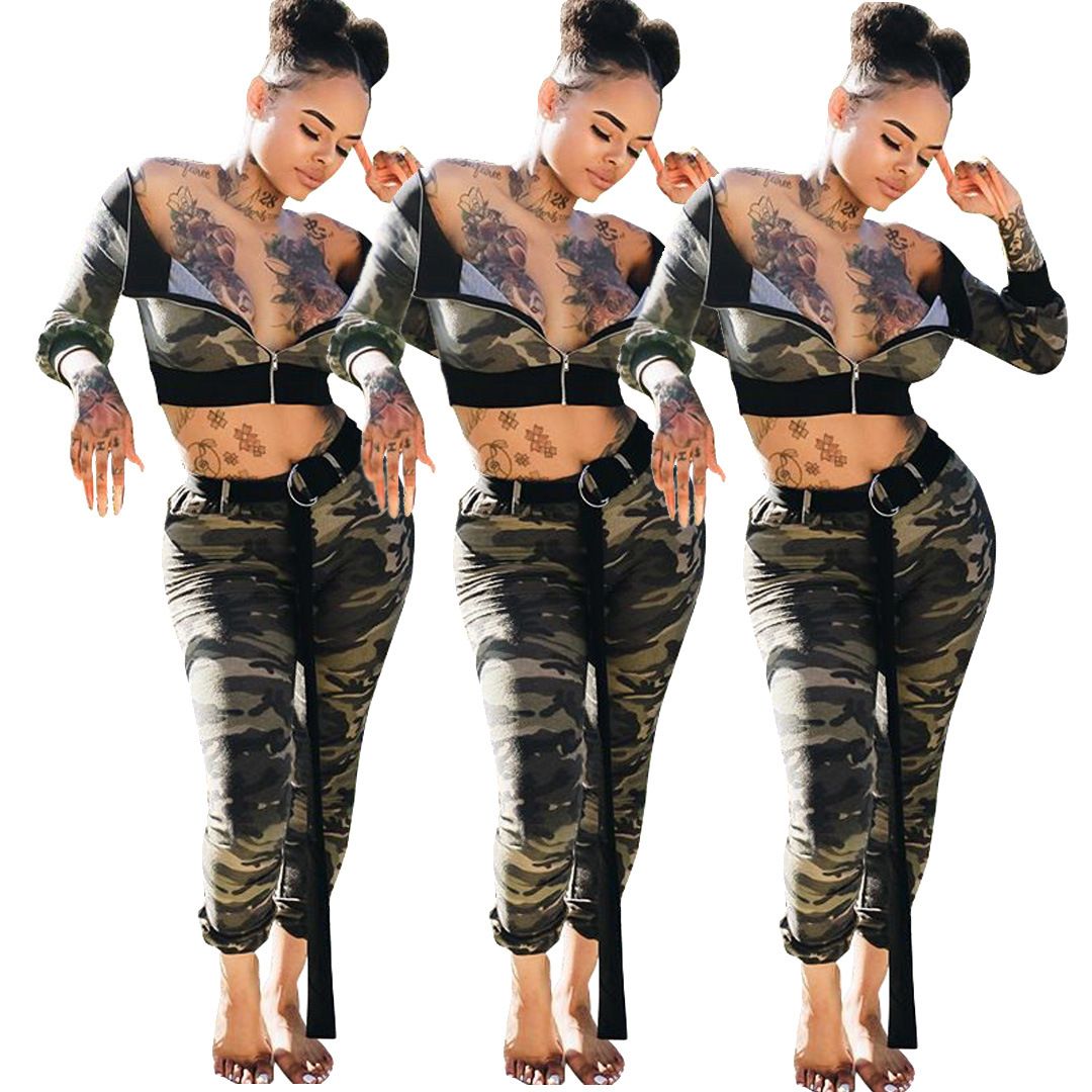 Cropped Camo Printed Two Piece Size: M