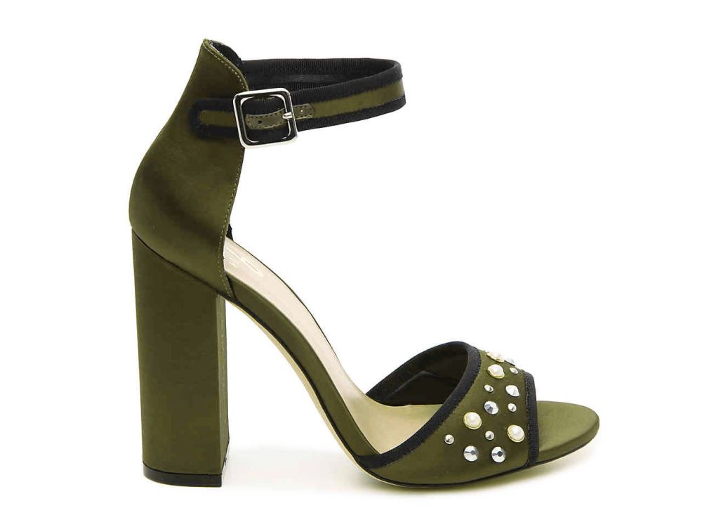Pearl Details Satin Block Heel Shoes|Size: 8M