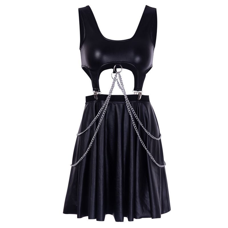 Chain Detailed Leather 2 Piece Skirt Set Size: S