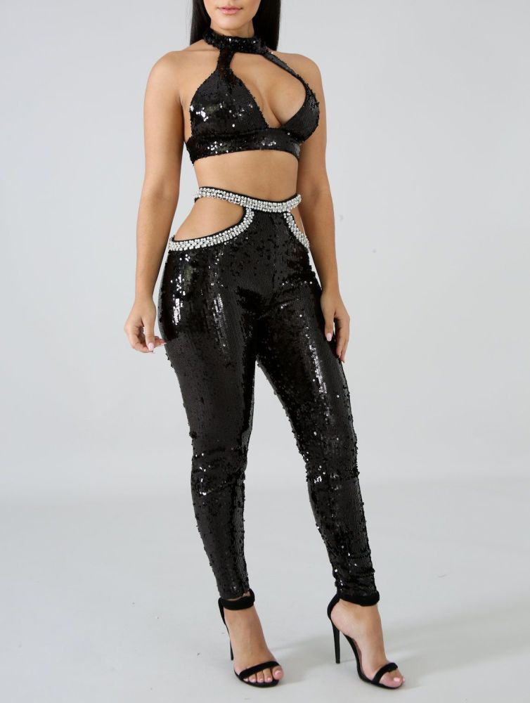 Cropped Sequins Accented Two Piece Size: S 