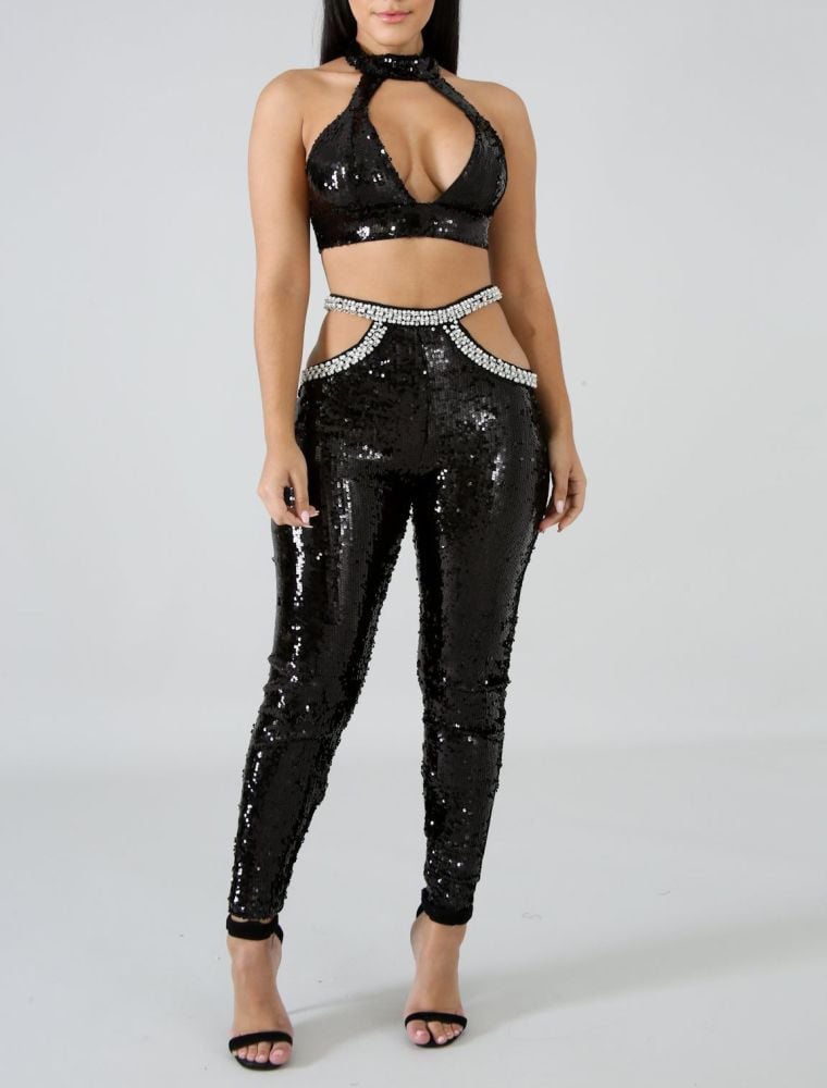 Cropped Sequins Accented Two Piece Size: S 