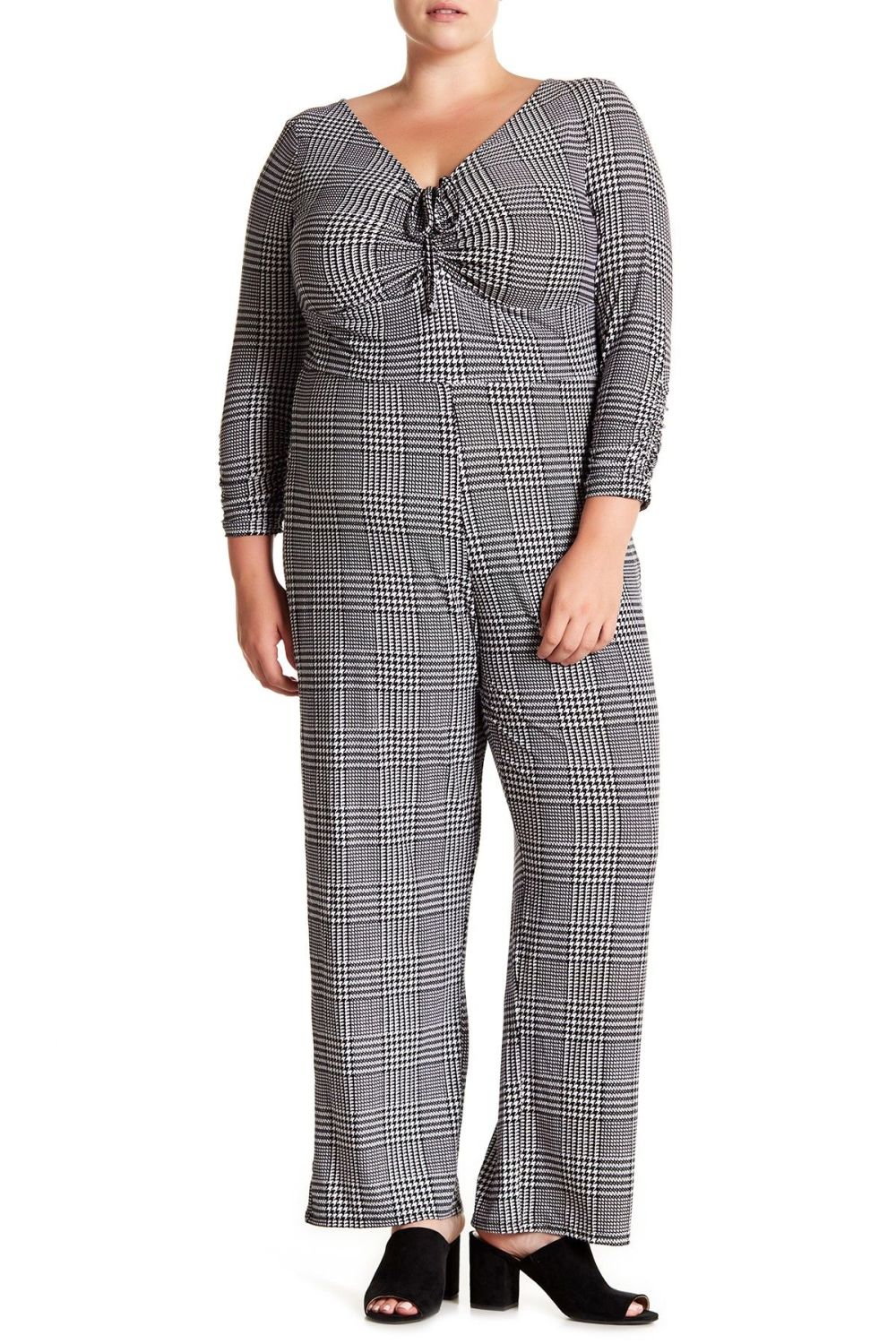 Patterned 3/4 Sleeve Ruched Jumpsuit|Size: 1X