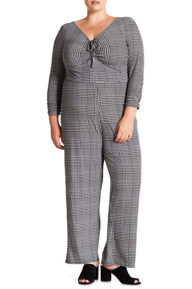 Patterned 3/4 Sleeve Ruched Jumpsuit Size: 1X