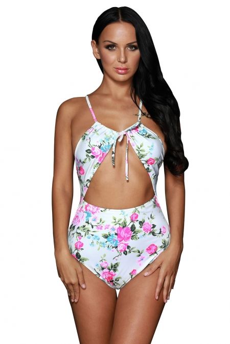 Floral Print Cut Out One Piece Swimsuit 
