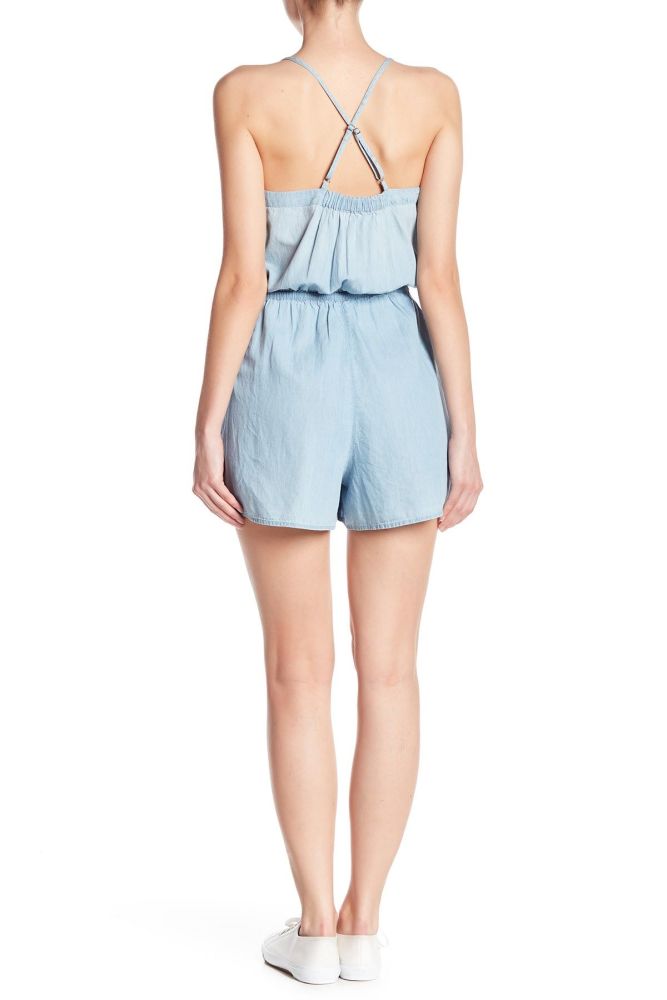 Chambray Embroidered Romper|Size: SP