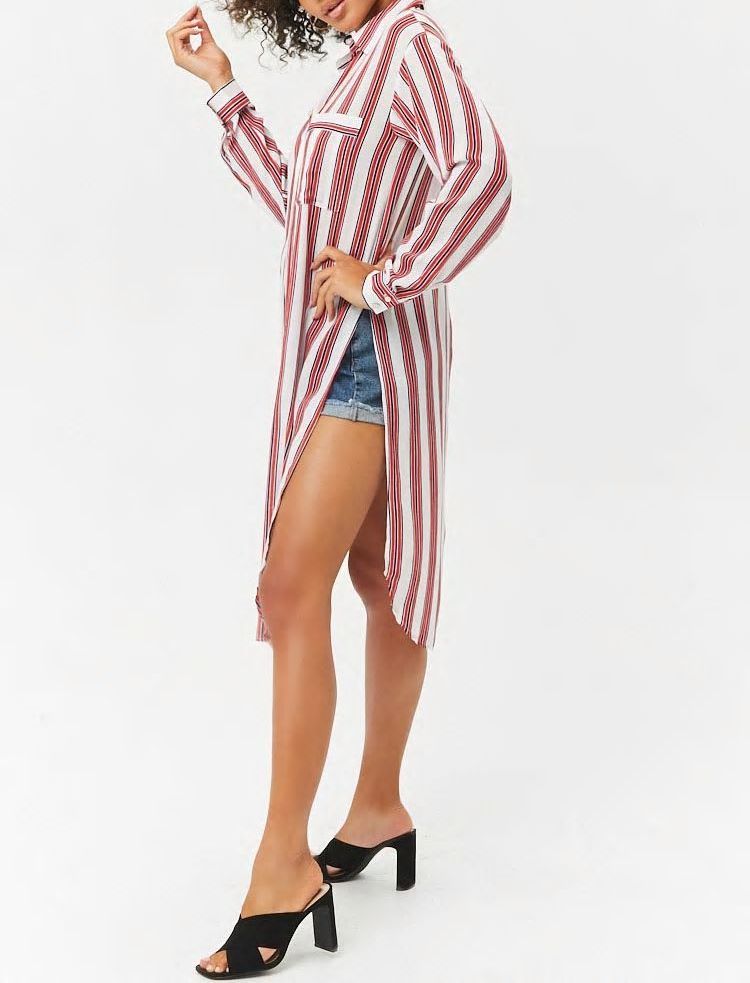 Long Sleeve Striped Shirt Dress|Size: X-Large