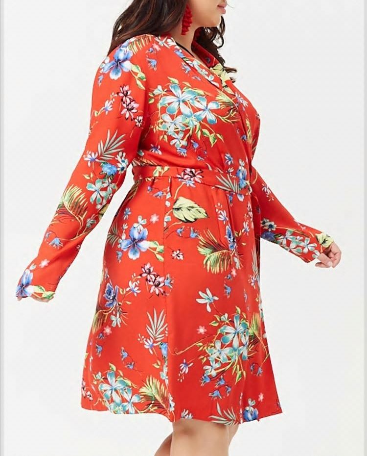 New Markdown Tropical Floral Print Longline Shirt Dress Size: 2X