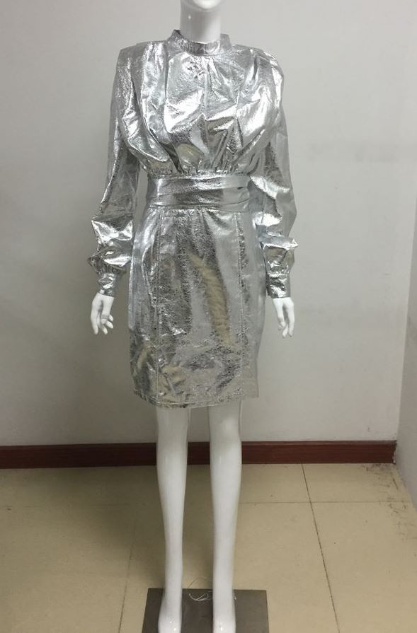 Long Sleeve Metallic Silver Mini Dress #A265 Size: S