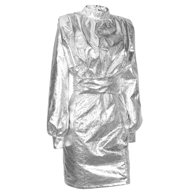 Long Sleeve Metallic Silver Mini Dress #A265 Size: S