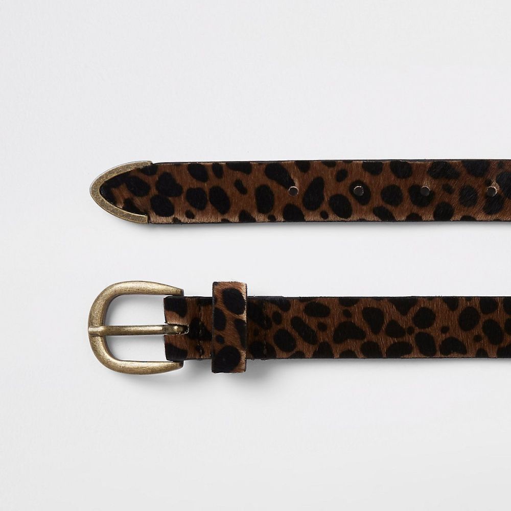 Brown Leather Leopard Print Belt|Size: M (RI) 