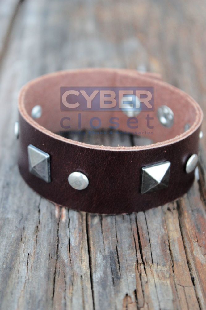 Brown Leather Stud Adjustable Bracelet