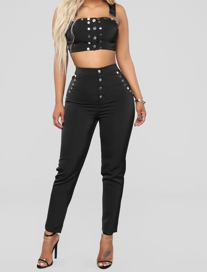 Black Button Detail Two Piece Pant Size: S