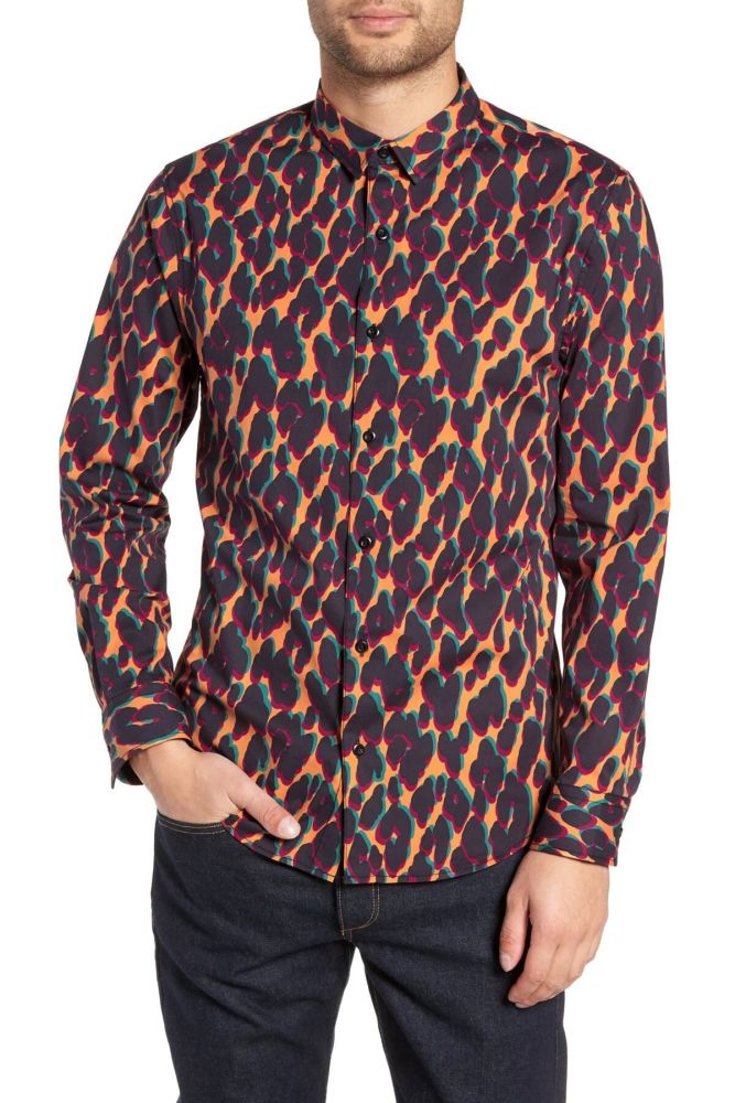 Leopard Print Long Sleeve Slim Fit Shirt|Size: S