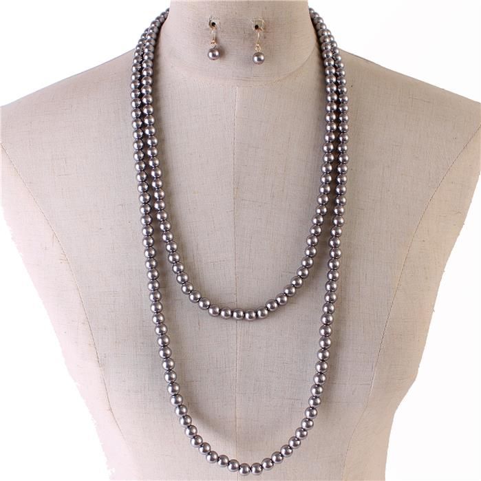 Gray Long Length Pearl Necklace Set