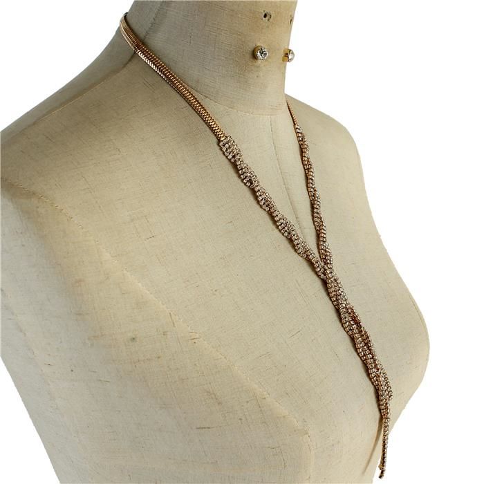 Gold Long Rhinestones Chain Necklace Set