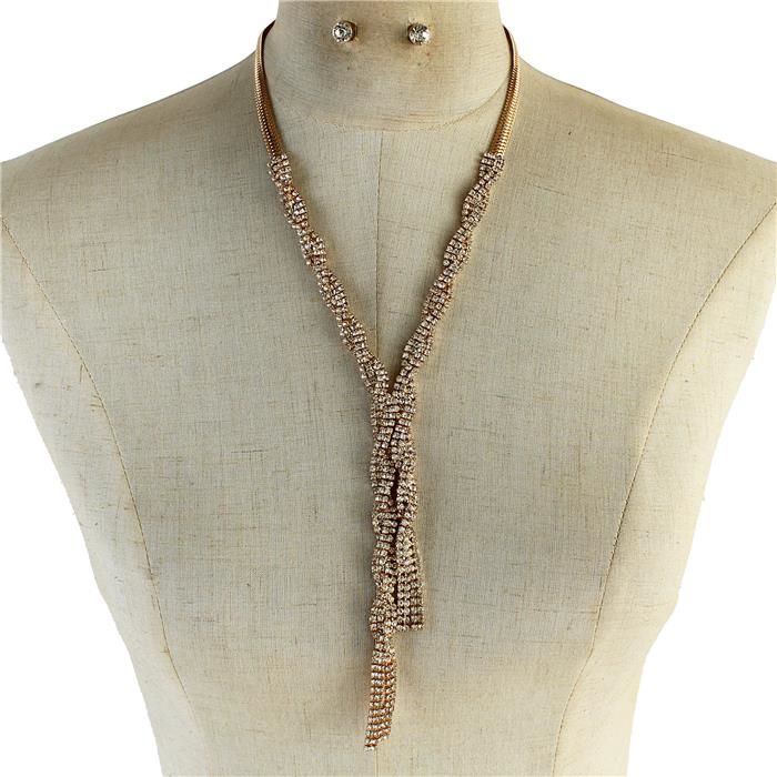 Gold Long Rhinestones Chain Necklace Set