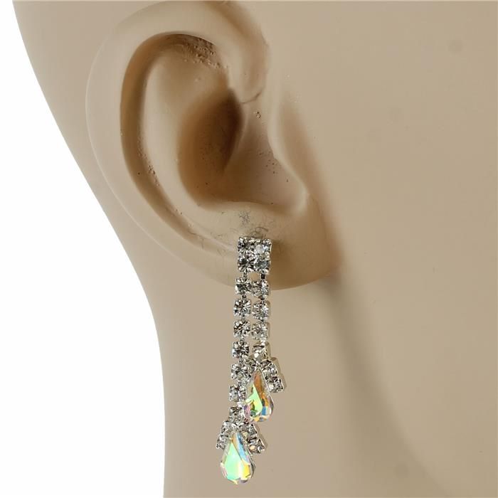 Silver/Rhinestone 2 Ln Drop Earrings 