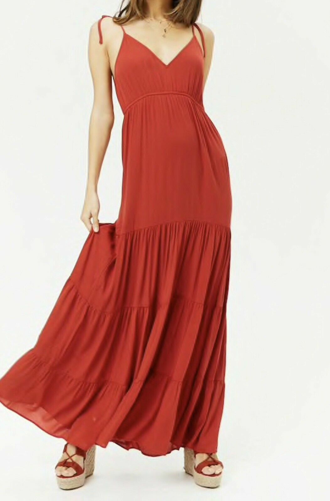 V-neck Elasticized Waist Maxi Dress|Size: M