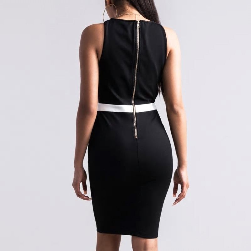 B062|Black/White V-neck Sleeveless Bandage Dress|Size: M