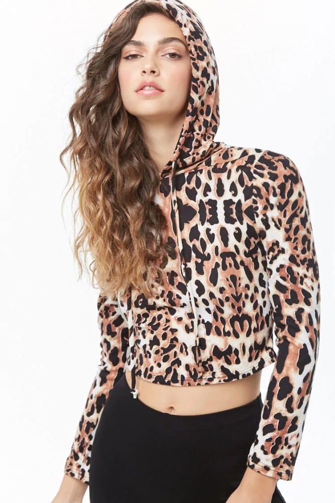 Leopard Print LS Hooded Crop Top|Size: M