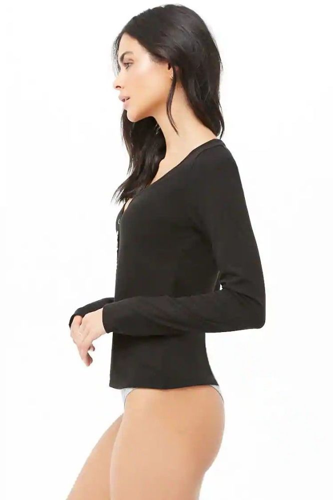 Black Long Sleeve Henley Top|Size: S