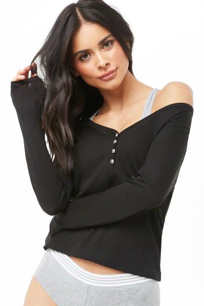 Black Long Sleeve Henley Top|Size: S