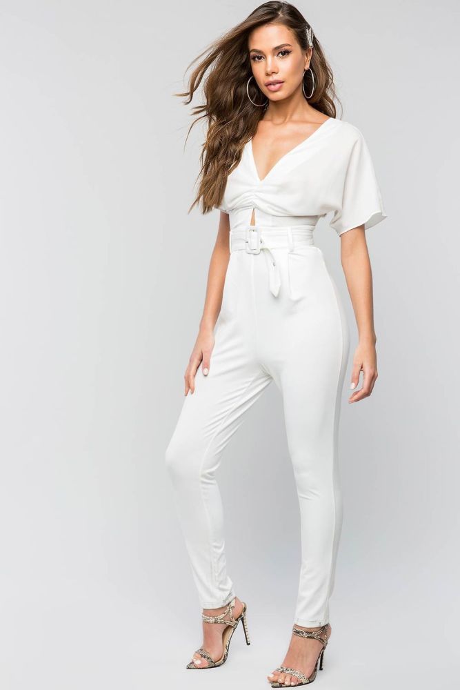 Slim Leg White Short Sleeve Jumpsuit|Size: M