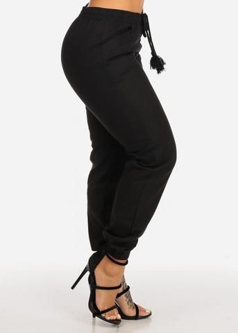 Black High Waist Skinny Fit Linen Jogger|Size: L
