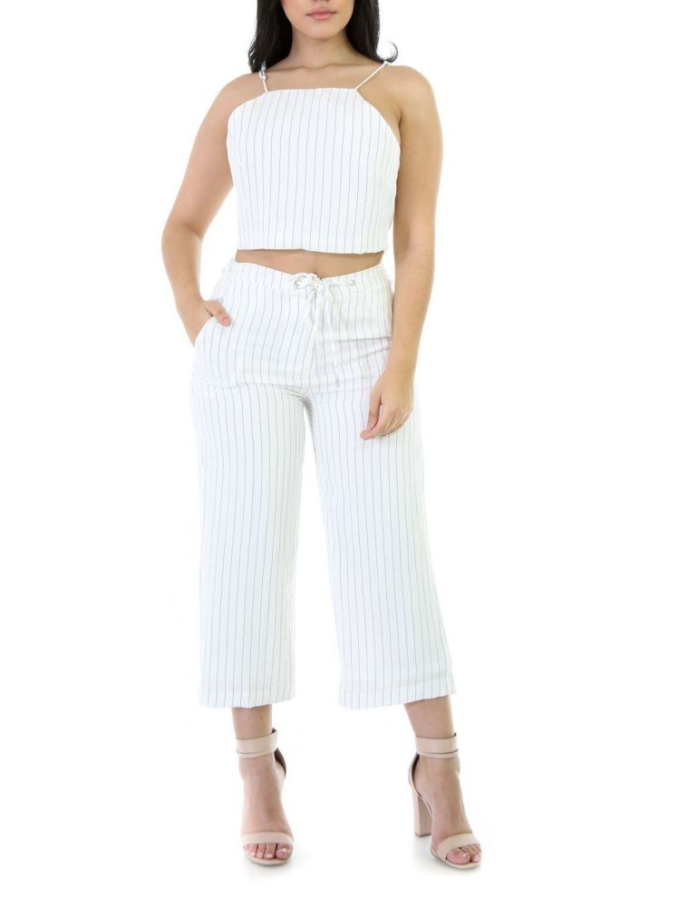 White Pinstripe Non-stretch Pants Set Size: S